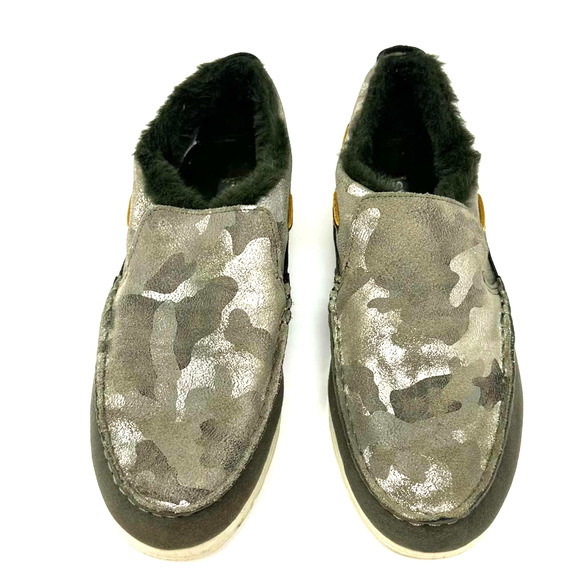 Sperry size 7.5 STS86941 Olive camo fur lined slip on shoes leather D21-61971 - Picture 6 of 9